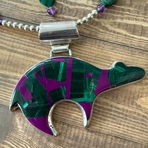 Native American Inlay Bear Pendant Necklace Sterling Silver Signed